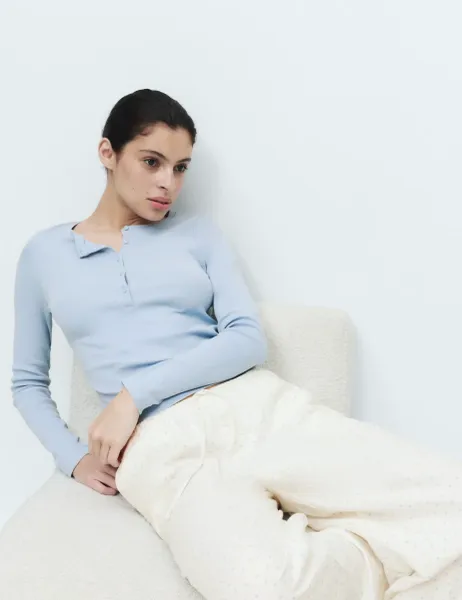 Marks & Spencer Cotton Rich Polka Dot Henley Pyjama Set Blue Mix