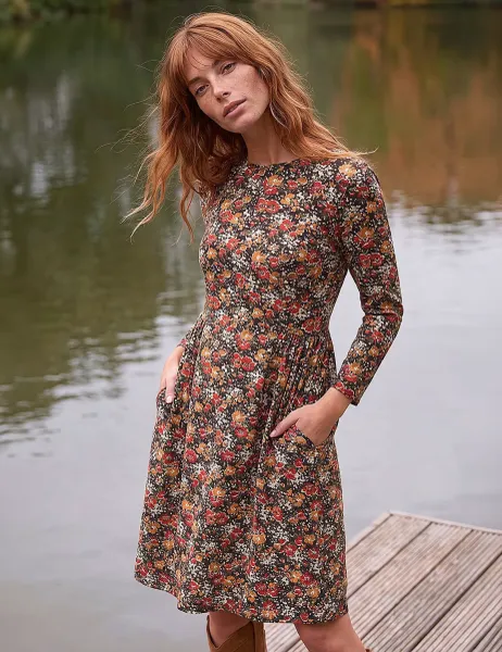 Roman Floral Side Ruched Dress Orange Mix