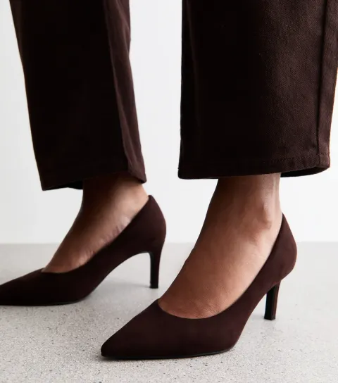 Women's Dark Brown Faux Suede Pointed Toe Court Shoes Vegan