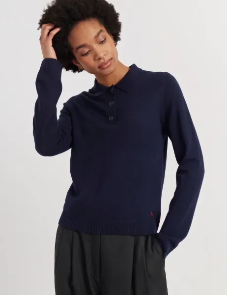 Wool Rich Collared Sweatshirt with Cashmere Navy