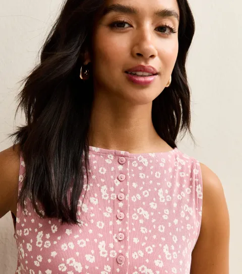 Women's Petite Pink Floral Print Button Through Tank Top