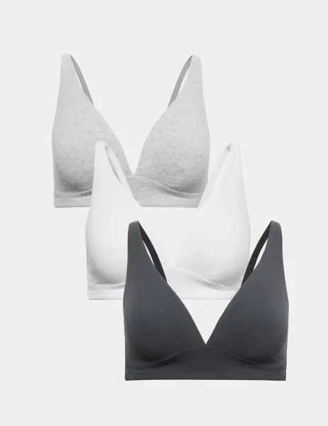 Marks & Spencer 3 Pack Cotton Rich Non Wired Plunge Bras A-E Dark Pewter