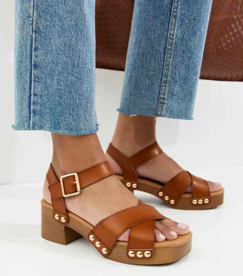 Women's Tan Faux Leather Clog Block Heel Sandals Vegan