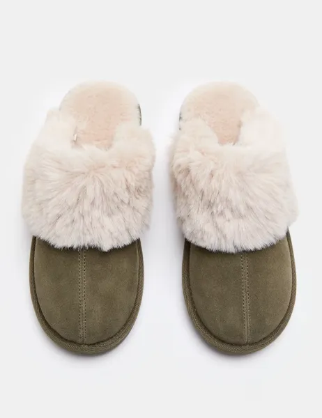 Marks & Spencer Suede Faux Fur Trim Mule Slippers Olive