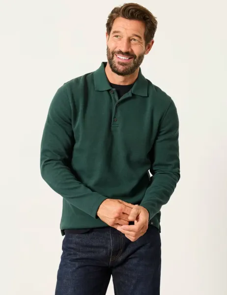FatFace Cotton Rich Ribbed Long Sleeve Polo Shirt Dark Green