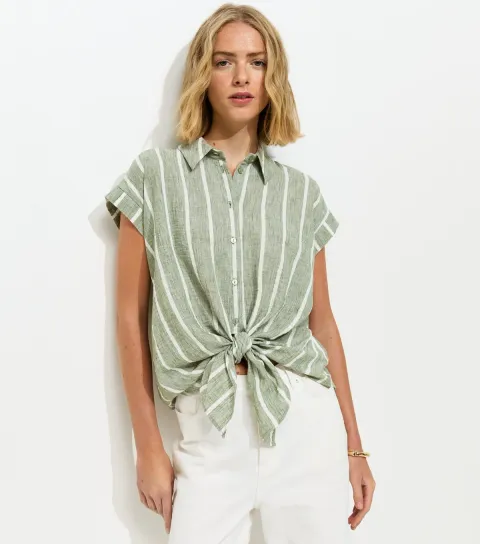 Women's Green Striped Tie Front Shirt