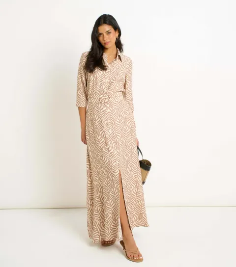 Women's Cream Leaf Pattern Shirt Maxi Dress