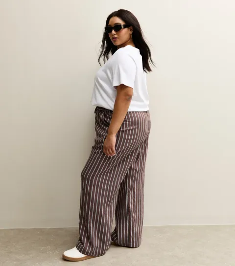 Women's Plus Size Brown Striped Drawstring Wide Leg Trousers Curves