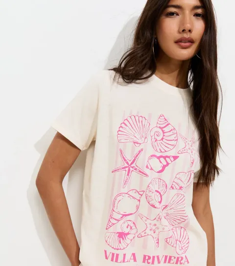 Women's Off White Cotton Shell Print T-Shirt
