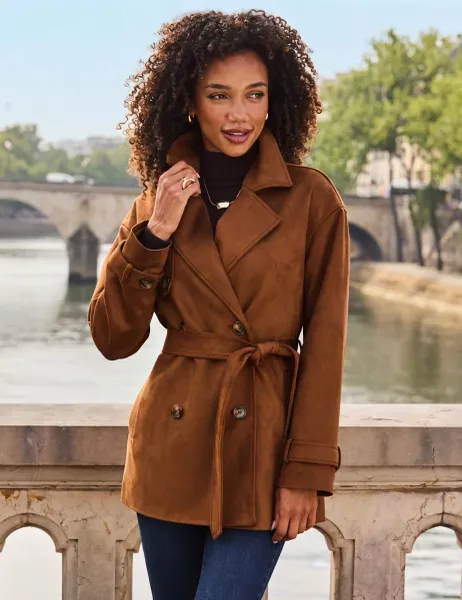 SOSANDAR Faux Suede Belted Short Trench Coat Tan