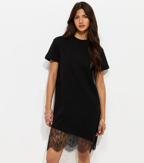 Women's Black Cotton Asymmetric Lace Hem Mini Dress