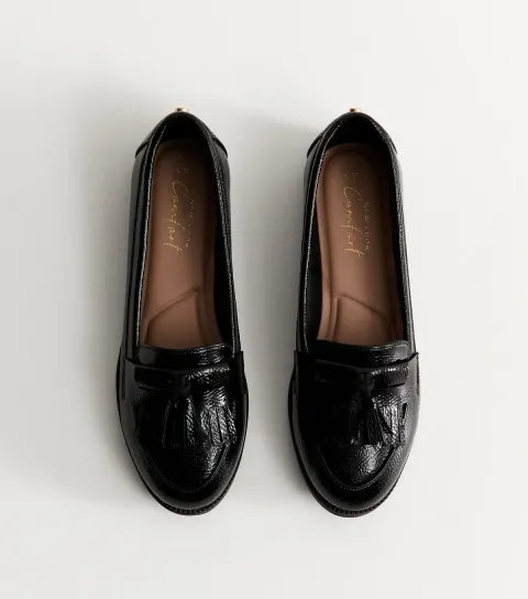 Women's Black Faux Patent Leather Crinkle Texture Tassel Loafers Vegan