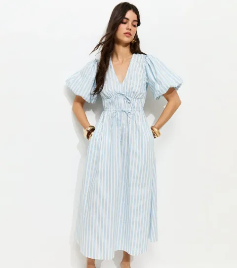 Women's Blue Striped Puff Sleeve Midi Dress