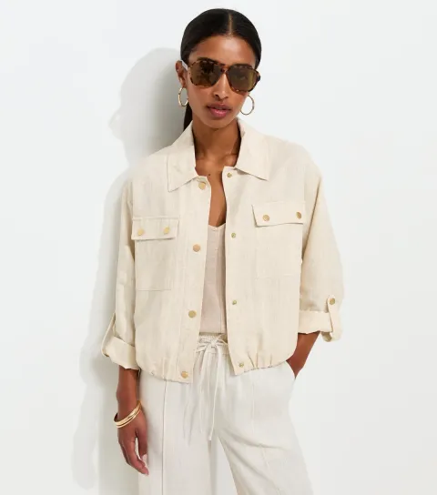 Women's Stone Woven Button Detail Collared Jacket