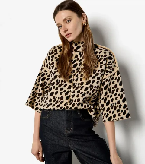 Women's Brown Animal High Neck Boxy Fit Jumper