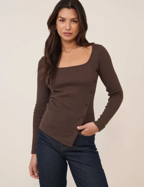Nobody's Child Cotton Rich Square Neck Asymmetric Top Brown
