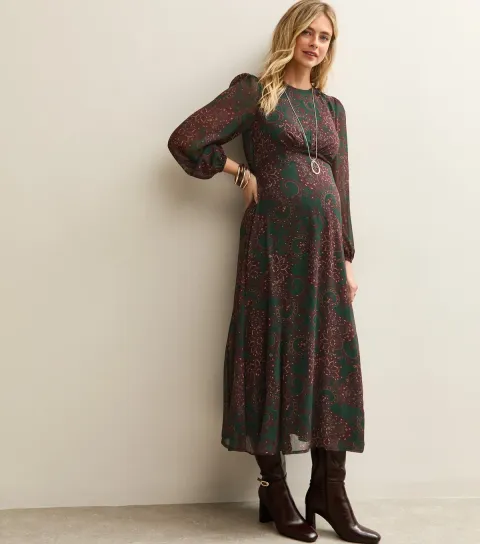 Women's Maternity Dark Green Paisley Chiffon Midi Dress