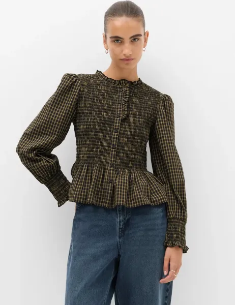 Marks & Spencer Pure Cotton Checked Frill Shirred Peplum Shirt Black Mix