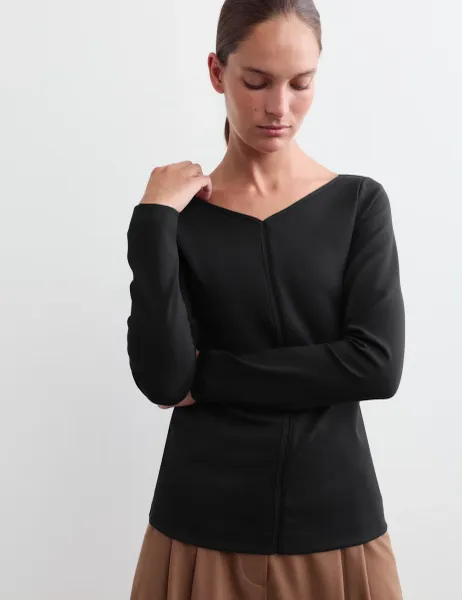 Jaeger Cotton Modal Blend V-Neck Stitch Detail Top Black