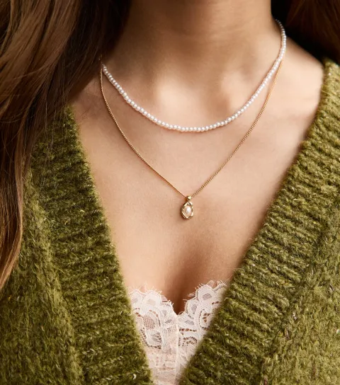Gold Tone 2 Layer Faux Pearl Oval Pendant Necklace