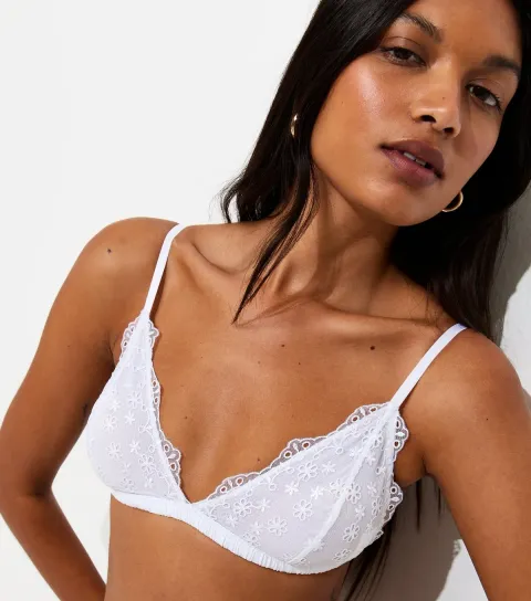 Women's White Daisy Embroidered Non Padded Triangle Bralette