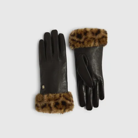 River Island Leather Leopard Faux Fur Trim Gloves