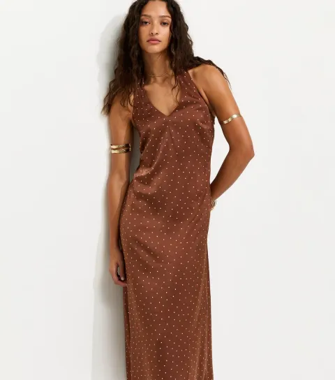 Women's Brown Spot Print Cowl Neck Halter Satin Midi Dress