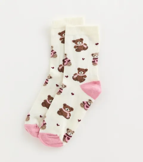 New Look Cream Patterned Teddy Bear Ankle Socks