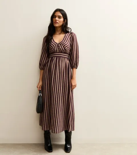 New Look Women's Burgundy Striped V-Neck Three Quarter Sleeve Midi Dress