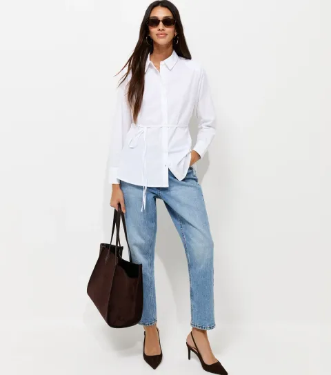 Women's White Cotton Tie Waist Longline Shirt