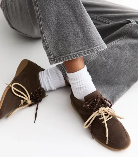New Look Women's Brown Faux Suede Double Lace Trainers Vegan