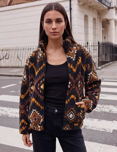 Roman Aztec Print Zip Fleece Jacket Black