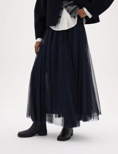 HUSH Tulle Pleated Midaxi Skirt Navy
