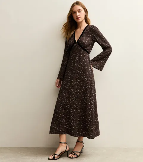 Women's Brown Animal Print Velvet Trim Midi Dress