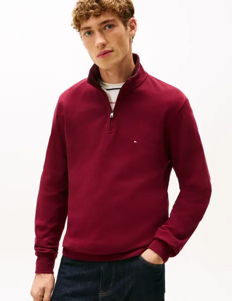 Tommy Hilfiger Pure Cotton Half Zip Sweatshirt Burgundy