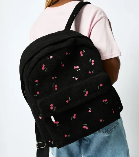 Black Corduroy Cherry Embroidered Backpack