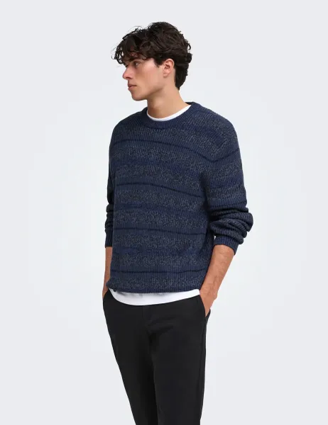 Only & Sons Striped Cotton Crew Neck Jumper Dark Navy Mix