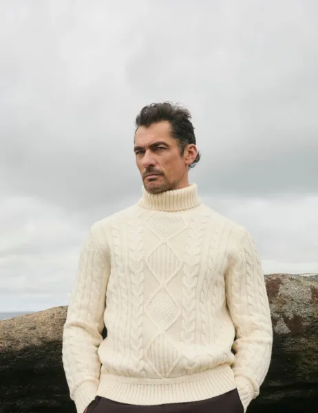 Jaeger Pure Lambswool Cable Knit Roll Neck Jumper Ecru