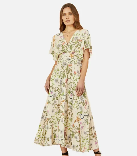 Women's Multicolour Botanical Print Flared Midi Dress