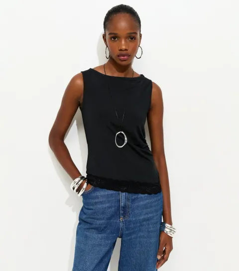 Women's Black Jersey Lace Trim Asymmetric Hem Top