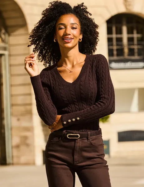 SOSANDAR Cable Knit V Neck Jumper Brown