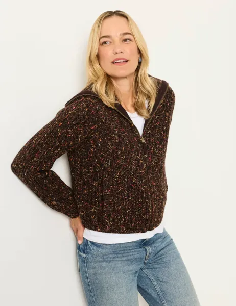 FatFace Wool Rich Funnel Neck Zip Up Cardigan Brown Mix