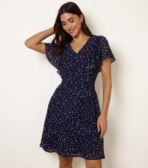 Women's Navy Polka Dot V Neck Tieback Minidress