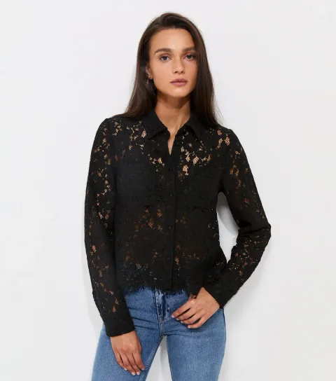 Women's Black Semi Sheer Pocket Detail Lace Shirt