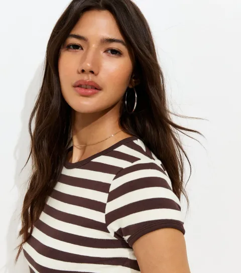 Women's Brown Cotton Rich Striped Contrast Trim Ringer T-Shirt