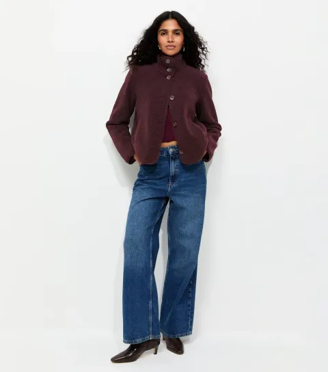 Women's Burgundy Funnel Neck Borg Textured Buttoned Jacket