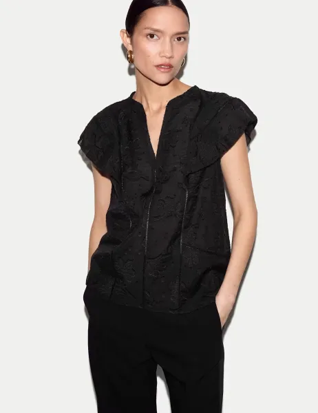 Jigsaw Cotton Blend Embroidered Floral Jacquard Top Black Mix