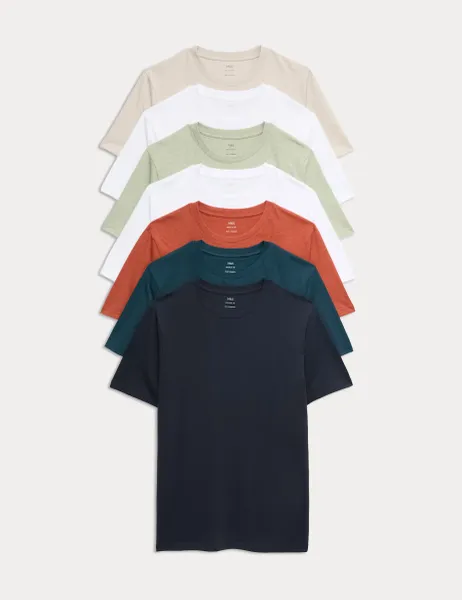 Marks & Spencer 7 Pack Pure Cotton Crew Neck T-Shirts Rust Mix