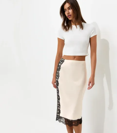 Women's Cream Satin Lace Trim Midi Skirt