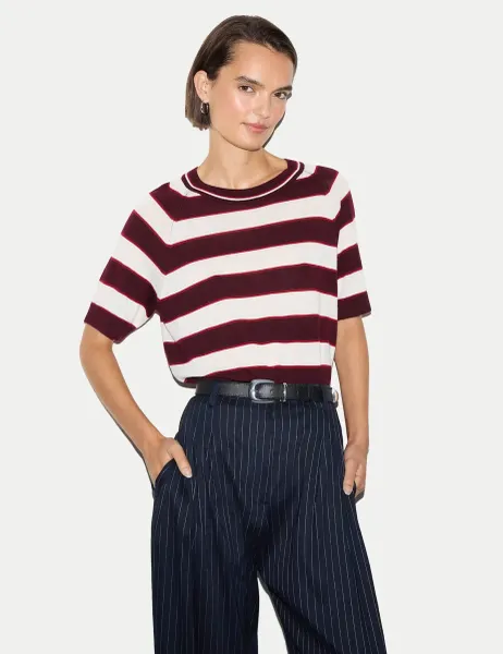 Jigsaw Pure Merino Wool Striped Relaxed Knitted T-Shirt Burgundy Mix